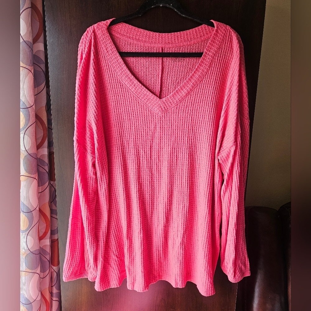 Lane Bryant Pink Waffle-Knit V-Neck Pullover Size 18/20